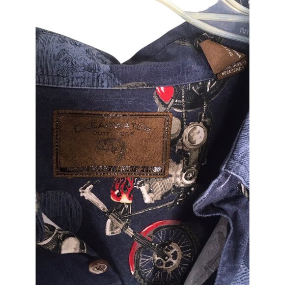 Clearwater Outfitters Motorcycle Button Down LS Shirt Blue All Over Print  XXL - Picture 4 of 13